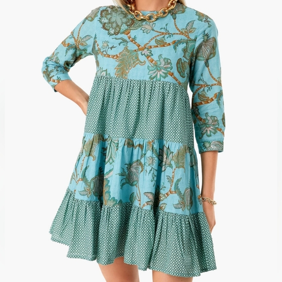 Ro's Garden Exclusive Turquoise Camilla Rene 3/4 Sleeve Mini Dress Size LG - Picture 1 of 16